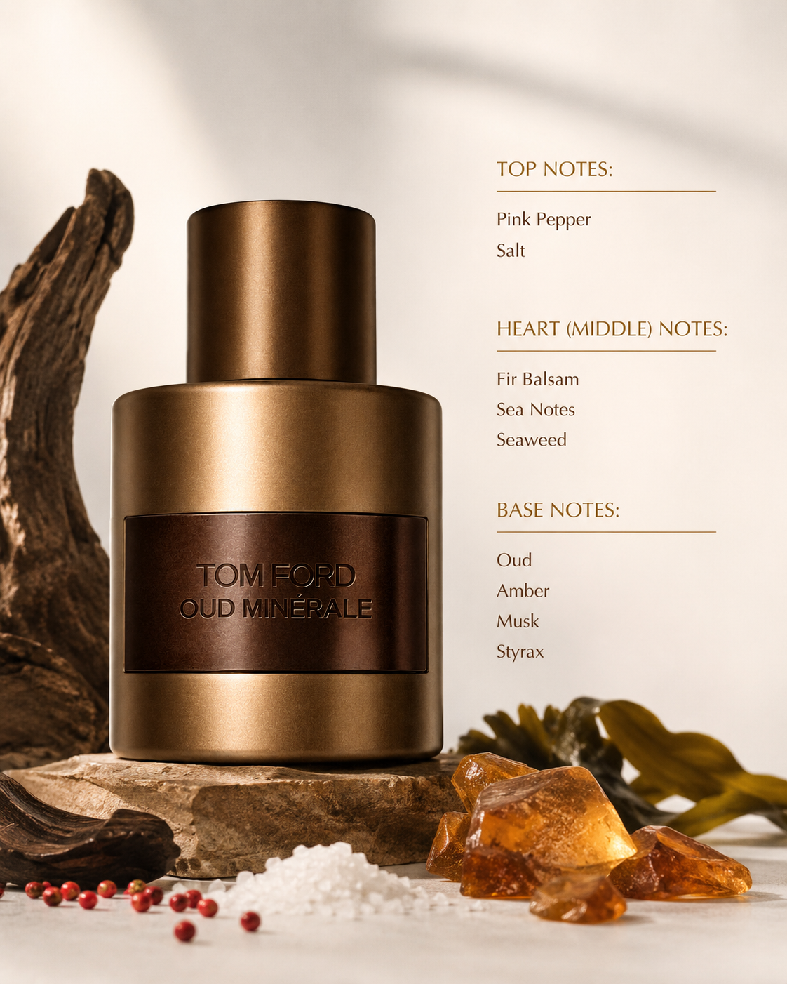Tom Ford Oud Minérale Eau de Parfum displayed with oud wood, sea salt, pink pepper, amber and seaweed elements, highlighting its marine, woody, salty and warm fragrance character.