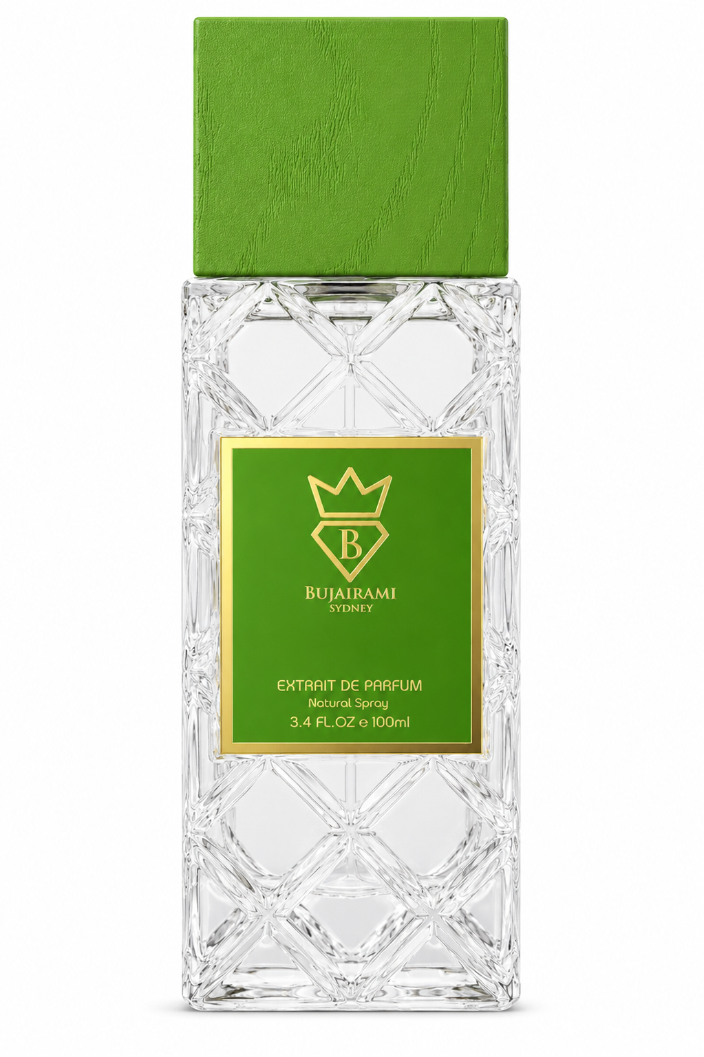 Bujairami Rizz Extrait de Parfum presented in its luxurious crystal-cut rectangular glass bottle with an elegant sage green wooden cap and matching green-and-gold label, isolated on a flawless pure white background with premium studio lighting. The image highlights the intricate faceted glass design, crystal-clear bottle, crisp reflections and refined niche perfume craftsmanship for a clean, elegant, high-end e-commerce presentation.
