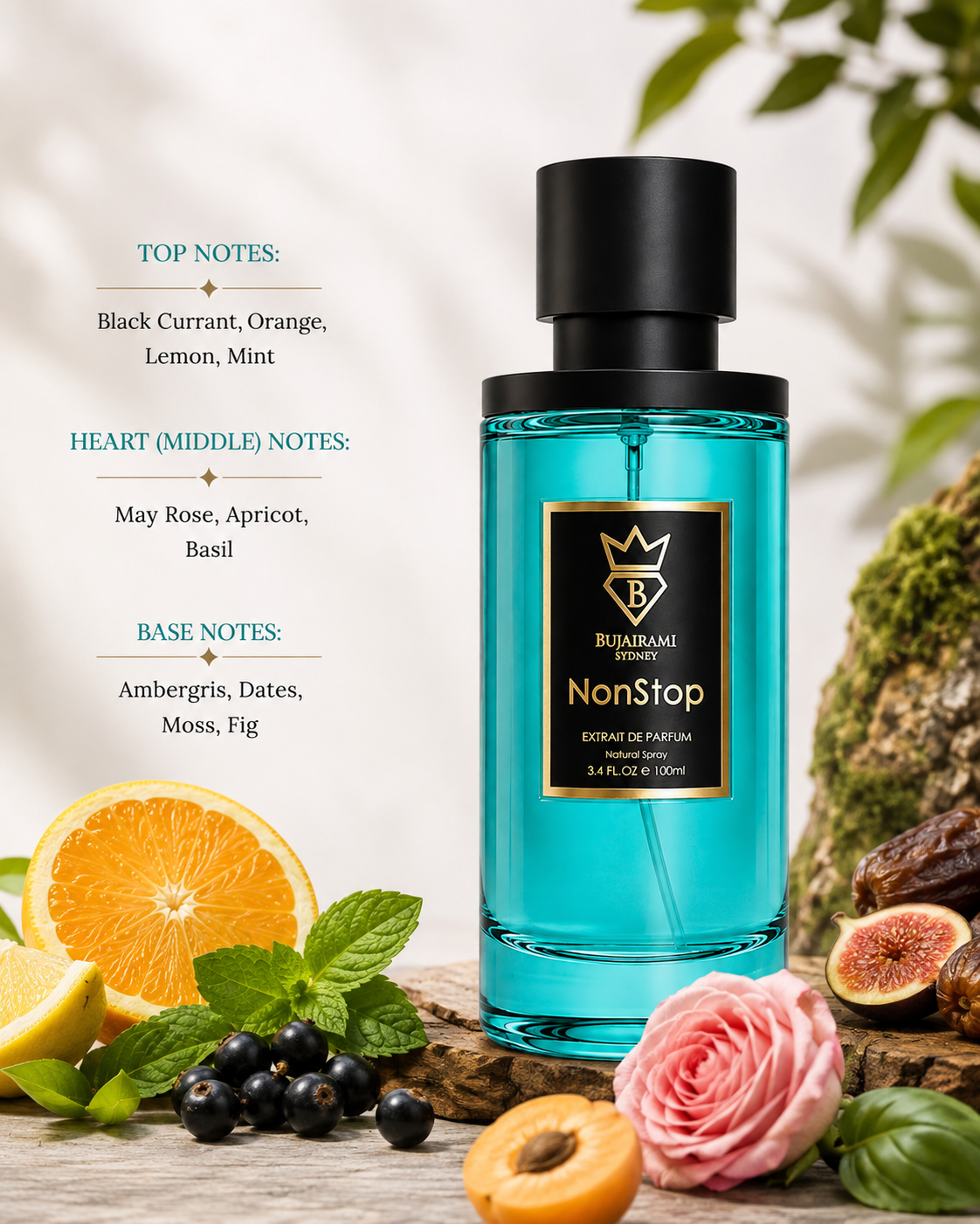 Bujairami NonStop Extrait de Parfum displayed in a refined luxury composition on a natural stone surface, surrounded by black currants, fresh orange slices, lemon wedges, vibrant mint leaves, delicate May rose blossoms, ripe apricots, aromatic basil leaves, ambergris-inspired golden resin, premium dates, soft green moss and ripe figs, illuminated by warm natural sunlight with elegant botanical shadows to reflect the fragrance's sparkling fruity-citrus opening, floral-fruity aromatic heart and rich earthy am