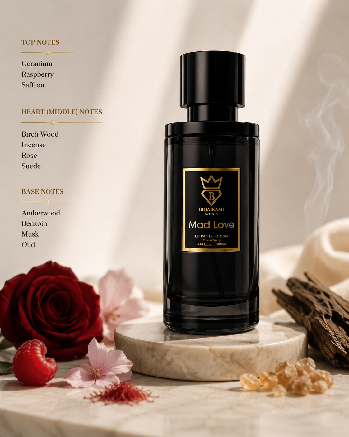 Bujairami Mad Love Extrait de Parfum 100ml elegantly displayed on a premium marble pedestal in a warm luxury setting surrounded by velvety rose petals, raspberries, saffron strands, smoky incense, birch wood, oud, amber resin and soft suede-inspired textures, visually capturing its bold woody, floral and oriental character with a sophisticated, romantic atmosphere.