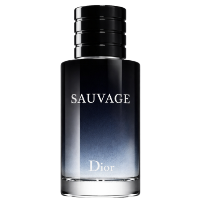 A heavy cylindrical glass bottle of Dior Sauvage featuring a sophisticated midnight blue to clear gradient, topped with a ridged black magnetic cap.