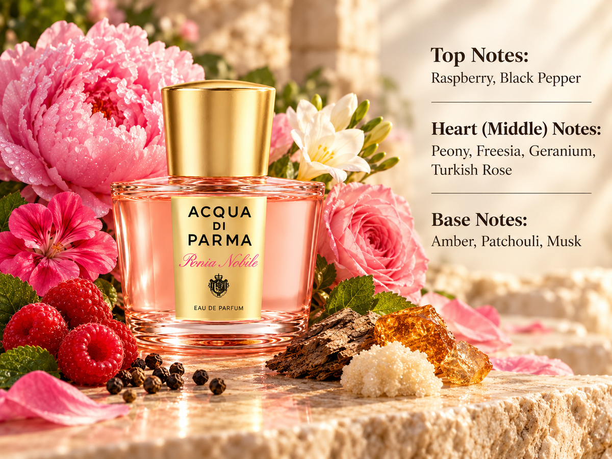 Acqua di Parma Peonia Nobile Eau de Parfum bottle in an elegant floral setting with peony, Turkish rose, freesia, raspberries and warm amber accents, reflecting its sophisticated floral, fruity and softly musky fragrance profile.